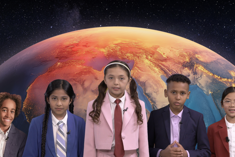 Five young students in formal attire with a cosmic background featuring a large, celestial body resembling mars.