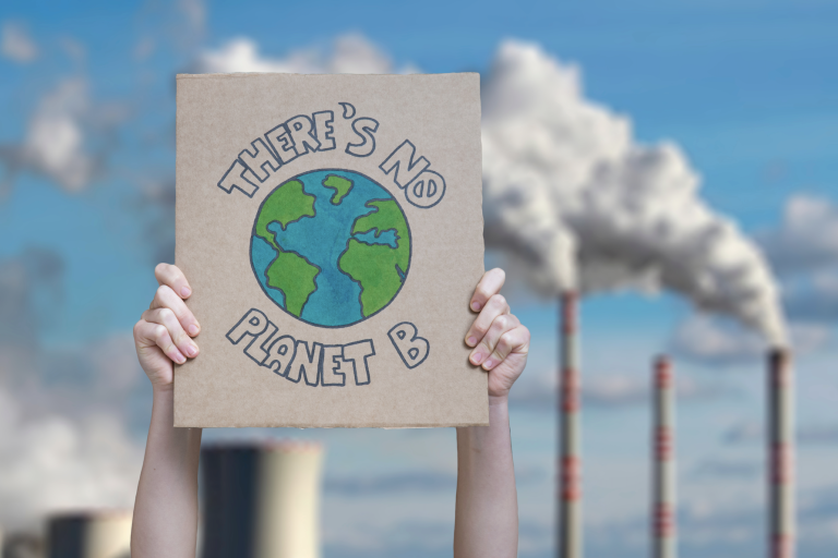 Person holding a sign that reads "there's no planet b" in front of industrial smokestacks emitting smoke against a cloudy sky.