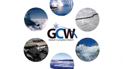 Gcw logo with different images of glaciers and icebergs.