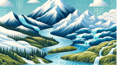 Illustration of a stylized landscape featuring a river winding through snow-capped mountains, with clouds and various forms of precipitation depicted.