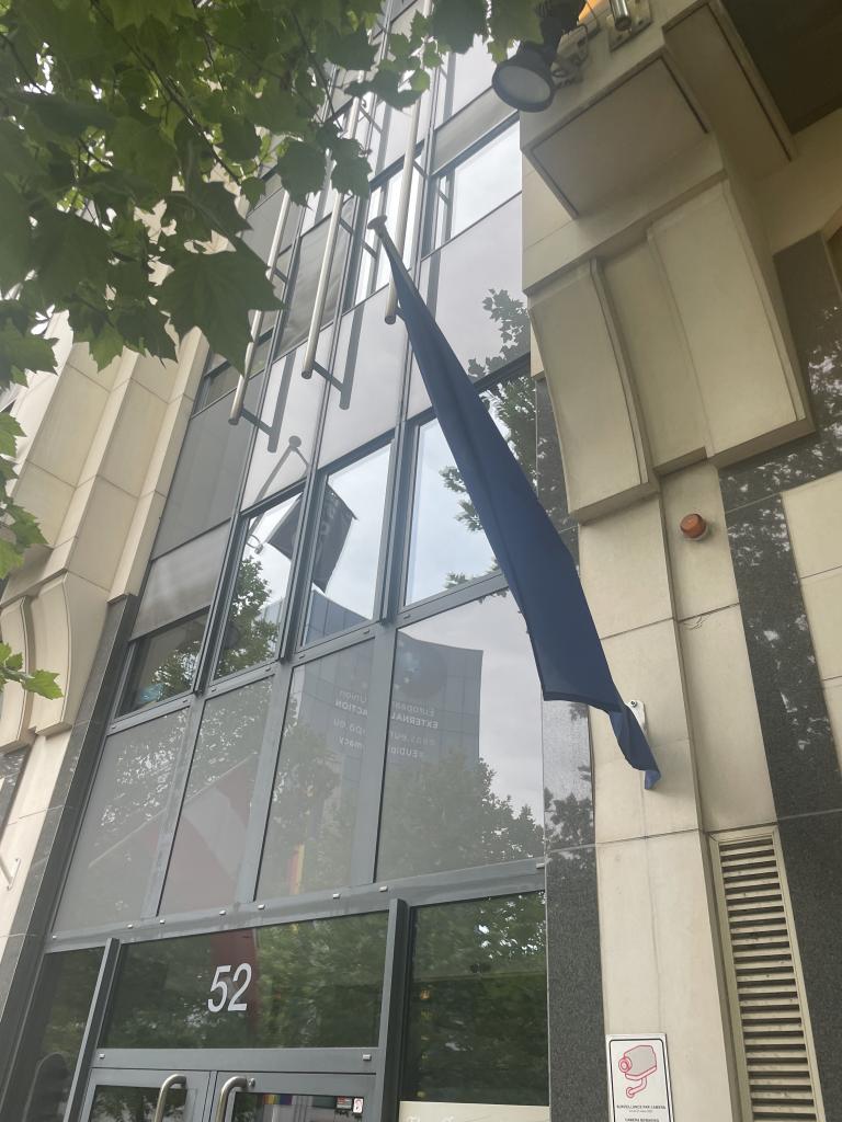 An EU flag is hanging from the ESA building