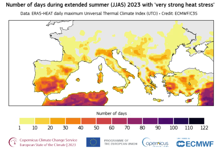 Mapa de Europa que muestra el número de días con "estrés por calor muy fuerte" durante el verano prolongado de 2023, utilizando un degradado de color del amarillo al rojo oscuro para indicar la frecuencia.