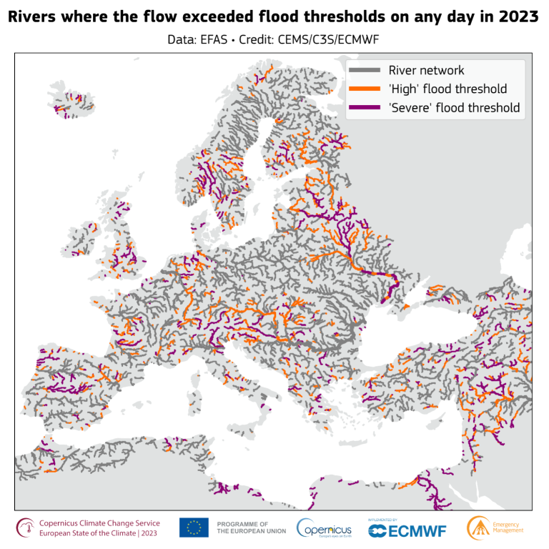 Mapa de Europa que marca los ríos cuyo caudal superó los umbrales de inundación en 2023, codificado por colores para umbrales de inundación "altos" y "graves".