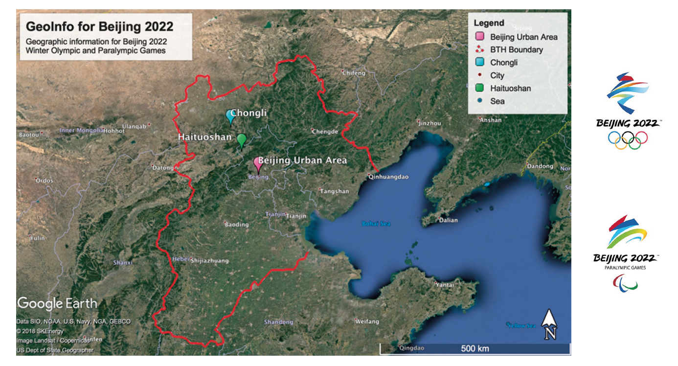 Figure 1. Locations of the three sporting zones and the solid red line indicates the Beijing–Tianjin–Hebei (BTH) boundary (figure created with Google Earth Pro)