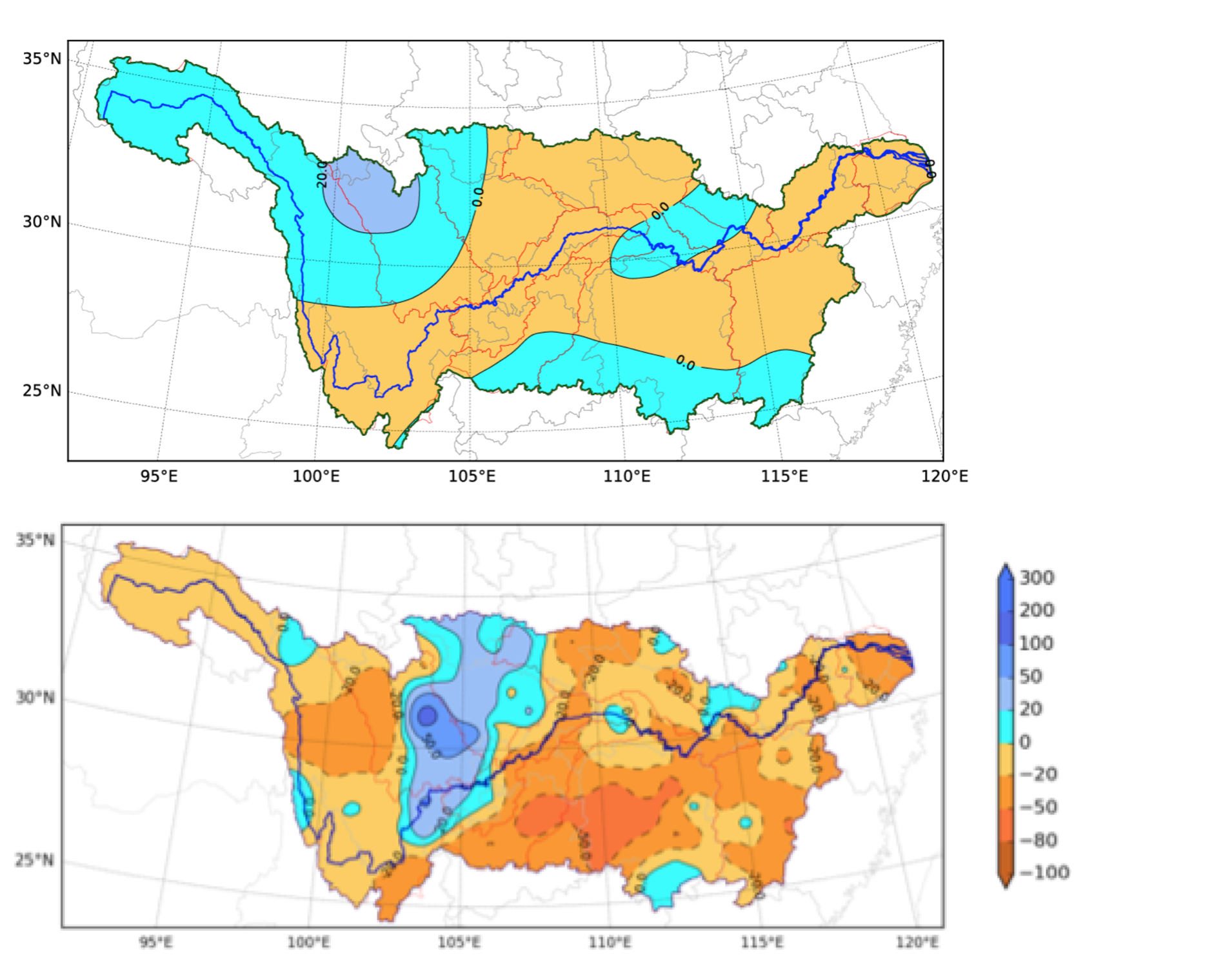 Precipitation anomaly predictions by percentage for June- August 2013 (top) and the observed results (bottom) 
