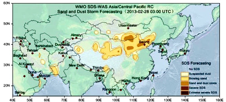 Sand and dust storm forecast for 28 February 2013 at 03:00 UTC issued by the WMO SDS-WAS Asian RC 