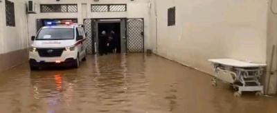 Ambulance with flashing lights is parked in a flooded area near a building entrance, with hospital gurney on the side. Water covers the entire ground area.