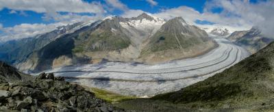 Panoramic view of a glacier winding between rugged mountains under a blue sky with scattered clouds. Rocky foreground leads to the expansive ice flow, surrounded by green slopes and rocky peaks.