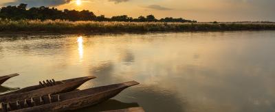 Canoes are docked by a calm river under a cloudy sky at sunset, with grass and trees in the background.