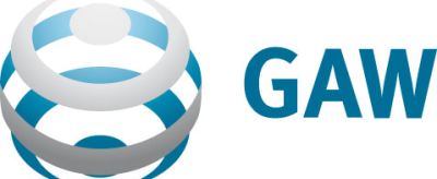 Blue and white spherical logo with three curved bands next to the bold blue letters "GAW" on a white background.