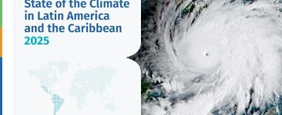 Cover image for a report titled "State of the Climate in Latin America and the Caribbean 2025," featuring a satellite image of a hurricane.