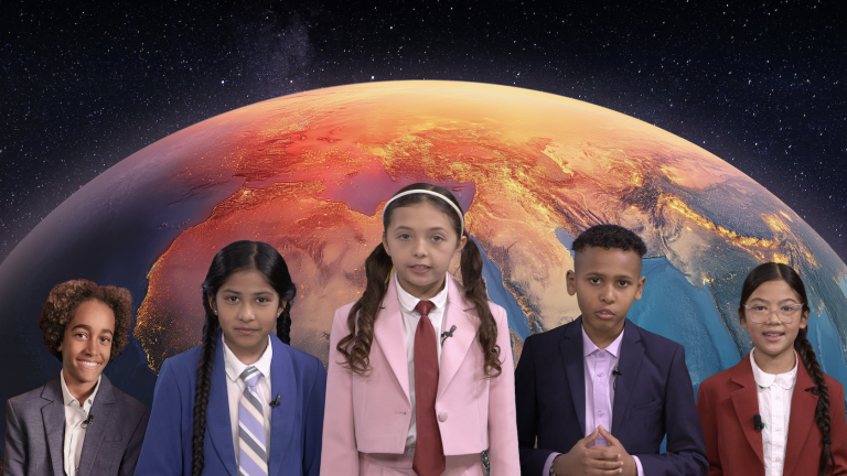 Five young students in formal attire with a cosmic background featuring a large, celestial body resembling mars.
