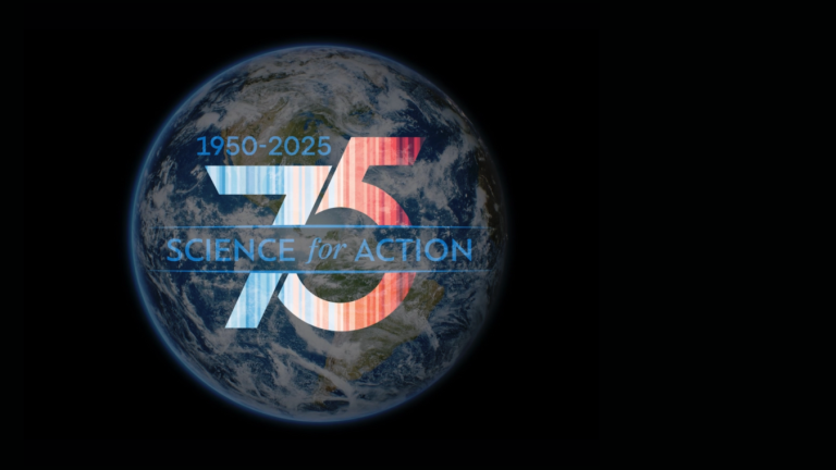 A stylized number "75" is superimposed on an Earth image with the text "1950-2025, Science for Action" on a black background.
