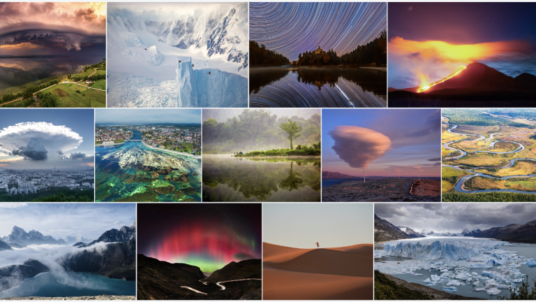 A collage of dramatic landscapes, including mountains, glaciers, volcanoes, rivers, a winding road, aurora lights, a city, a desert, and forests under varied lighting and weather conditions.