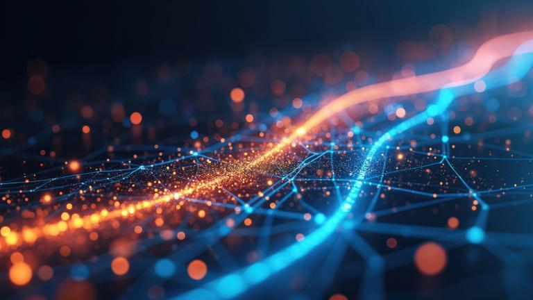 Abstract graphic showing glowing blue and orange data streams flowing across a network of connected nodes, conveying digital connectivity, information flow and collaboration.