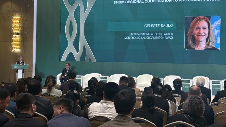 A woman speaks at a podium to an audience in a conference room. A large screen displays information about Celeste Saulo of the World Meteorological Organization.