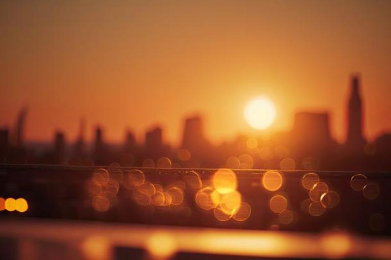 the sun is setting over a city skyline.