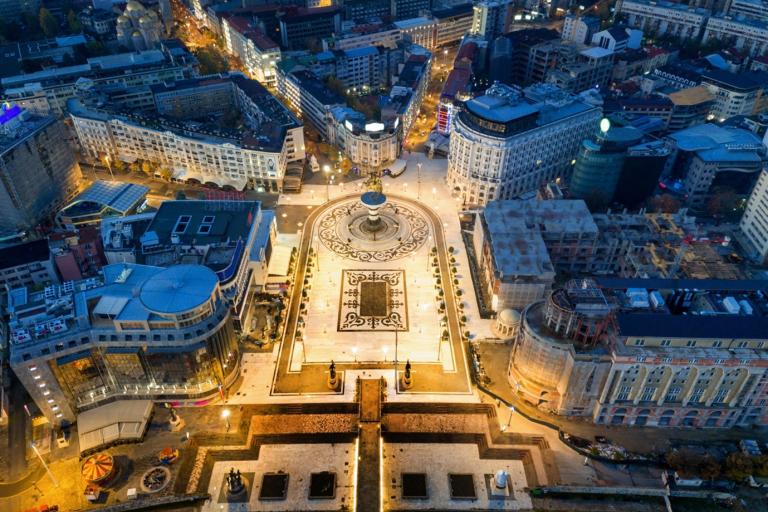An aerial view of a city at night.