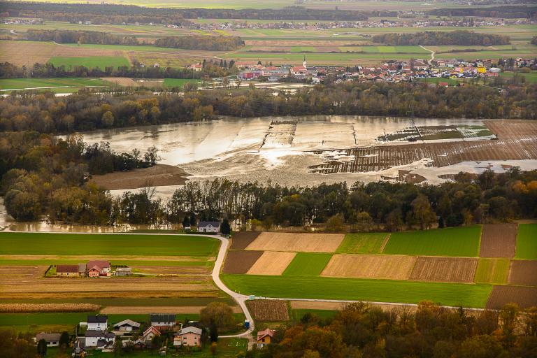 An aerial view of a flooded field.
