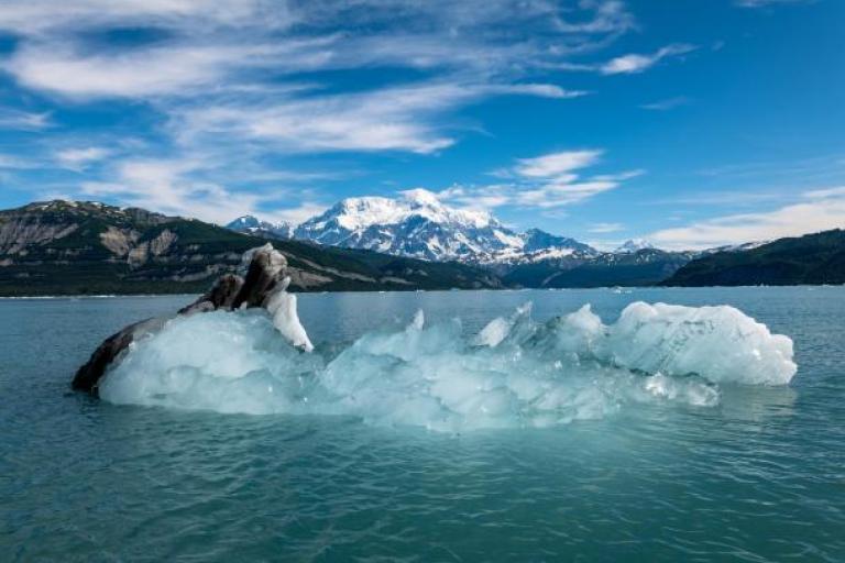 An iceberg floating in the water with mountains in the background.