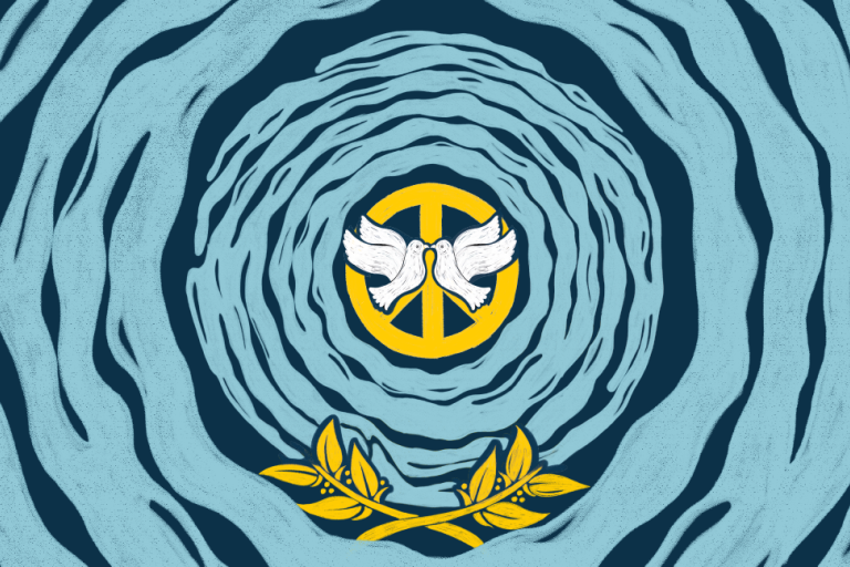 A stylized illustration of a white dove above a golden peace symbol, surrounded by blue swirls and olive branches.