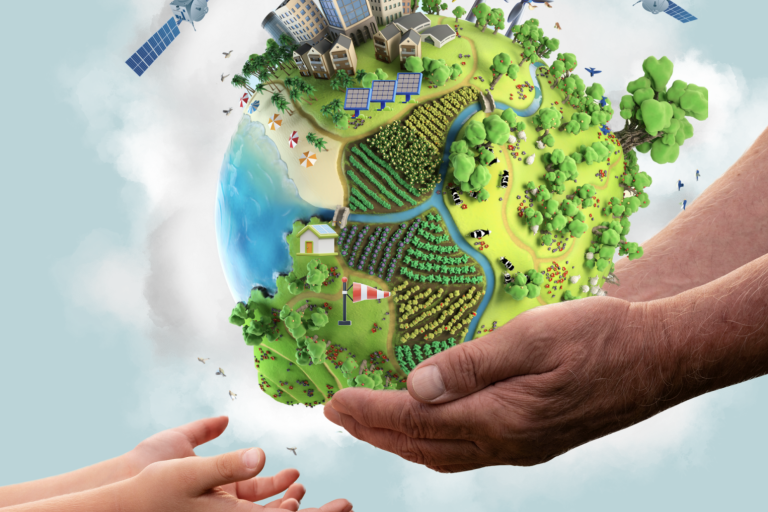 An illustration depicting a stylized, eco-friendly earth being passed from the hands of an elder to a child, representing intergenerational stewardship of a sustainable planet.