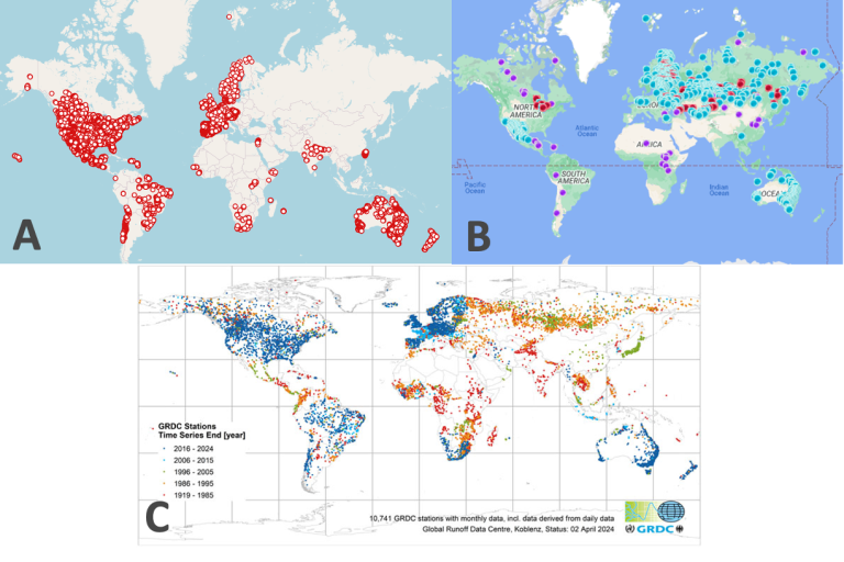 Three global maps showcasing various data points: (a) red dots indicating specific locations across continents, (b) colored dots on a background with regional labels, (c) data stations over time.