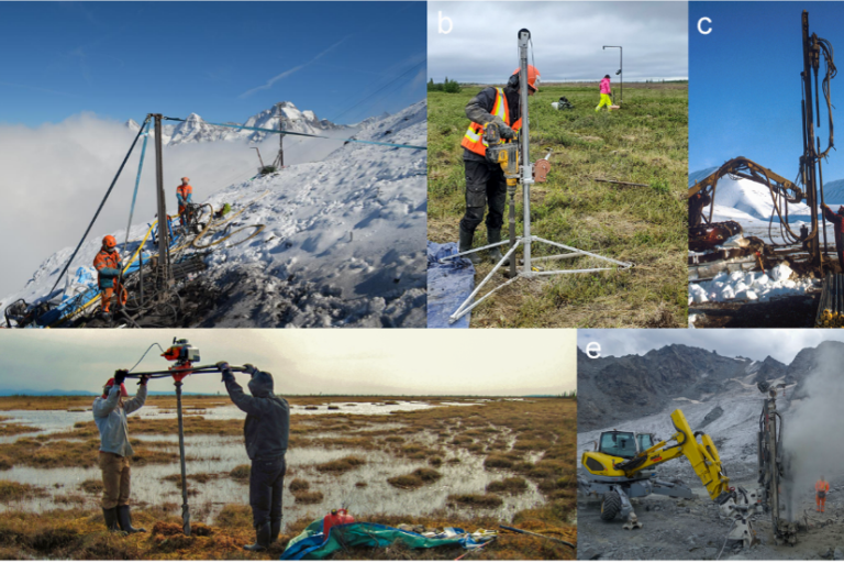 Collage of five images showing scientists conducting various geological and environmental field studies in different outdoor settings, including snowy mountains and flat grasslands.