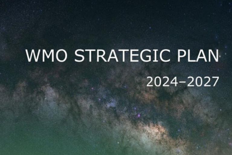 Wmo strategic plan 2024-2027 with a starry night sky background.