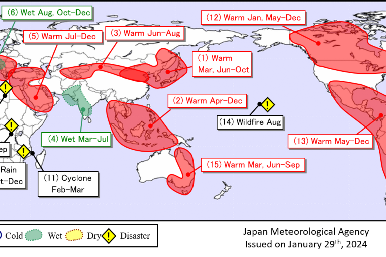 World map showcasing various climate zones and associated periodic weather-related disaster risks.