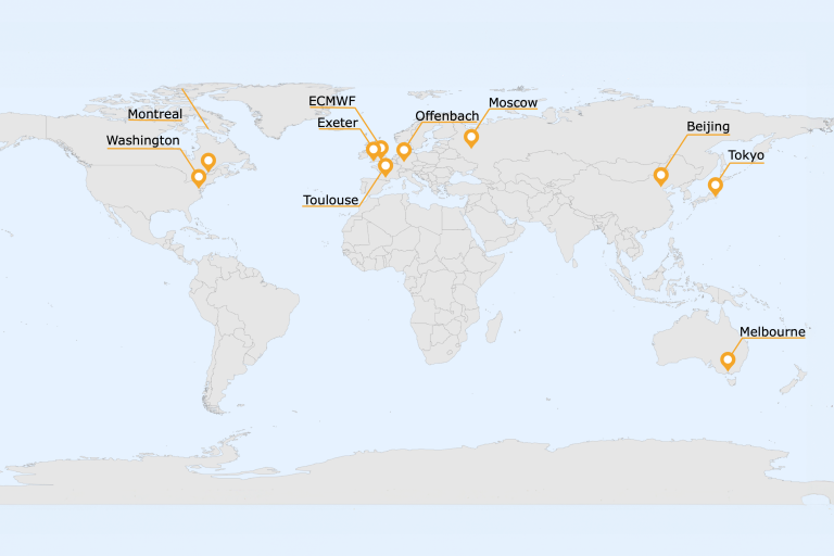 World map highlighting the locations of major global numerical weather prediction centers.