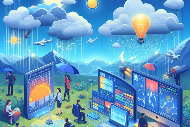 Illustration of people working and interacting in a vibrant, technologically advanced landscape with various energy sources and digital screens under a day-to-night sky.