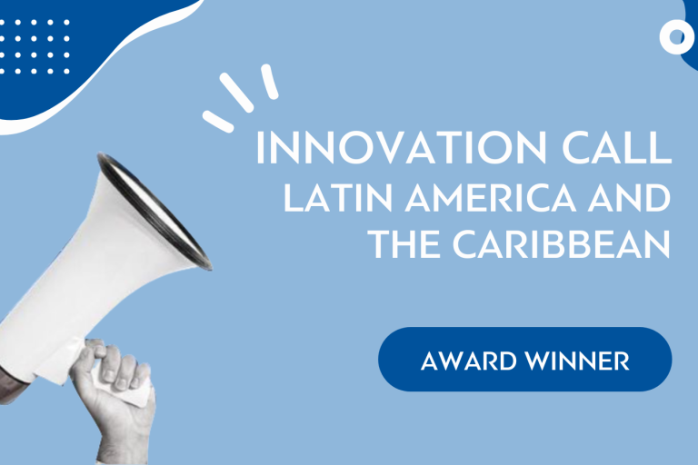 Hand holding a megaphone against a blue background with text "innovation call latin america and the caribbean, award winner".
