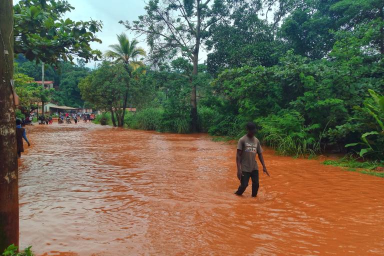 A person walks through a flooded, muddy street surrounded by dense green vegetation and trees, with other people visible in the background.