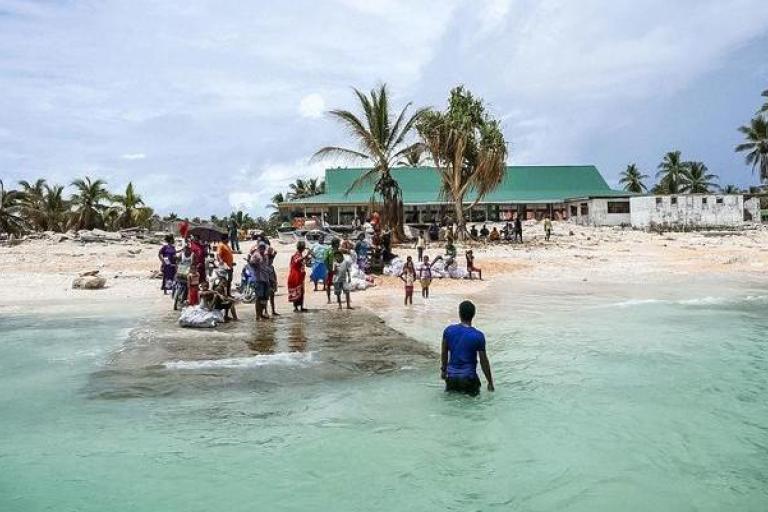 People gather on a concrete pier extending into the water from a sandy beach with palm trees and a green-roofed building in the background. One person stands in the shallow water near the pier.