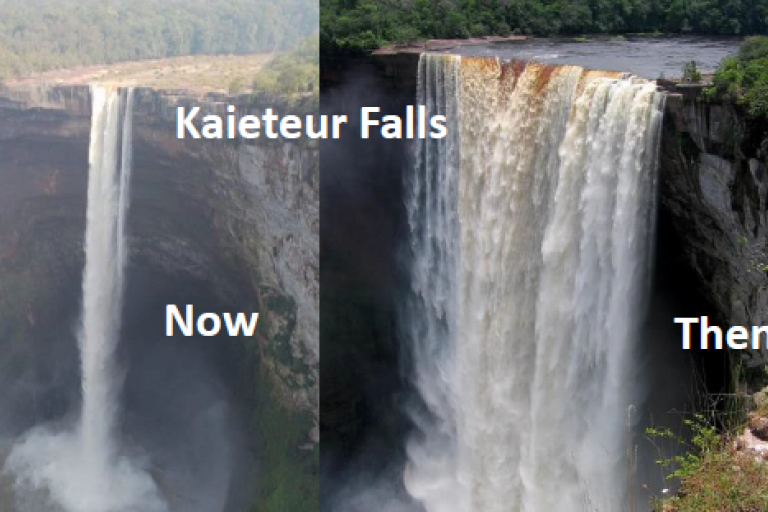 Comparison image showing Kaieteur Falls with decreased water flow labeled "Now" on the left and increased water flow labeled "Then" on the right.