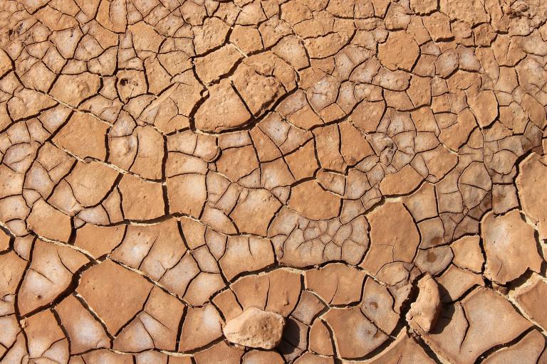 Cracked and dry earth surface with brown and beige tones, featuring irregularly shaped pieces of soil forming a mosaic-like pattern.