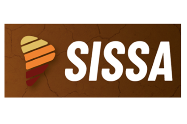 A logo with the text "SISSA" next to a stylized layered ice cream cone on a brown, cracked background.