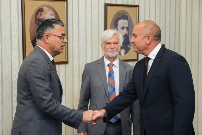 President of Bulgaria and President of WMO are shaking hands while IPCC Chair stands behind them, observing. They are inside a room with framed portraits on the wall.