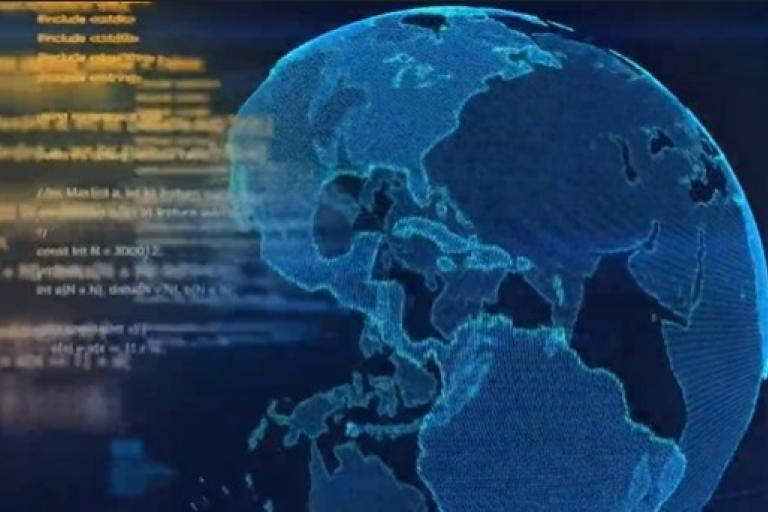 A digital, blue-tinged globe with visible continents is overlaid with yellow and white text and code fragments on a dark background.