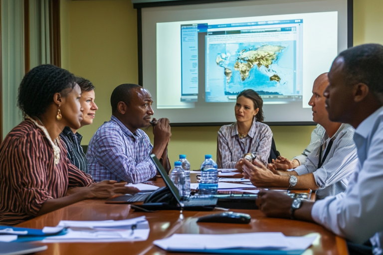 Six people sit around a conference table in a meeting room, with a world map displayed on a projection screen behind them.