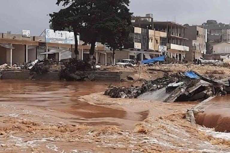 Flooded street with debris and damaged buildings, surrounded by muddy water. Trees and structures in the background under a cloudy sky.