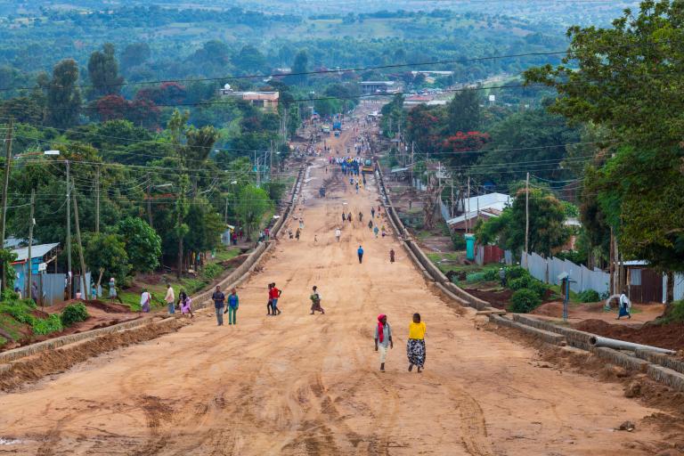 A wide, unpaved road with people walking and greenery on both sides, stretching into the distance.