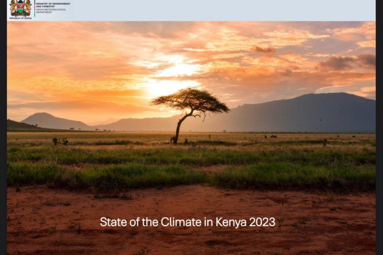 A lone tree stands in a vast savanna with a sunset sky, mountains in the background. Text reads "State of the Climate in Kenya 2023.