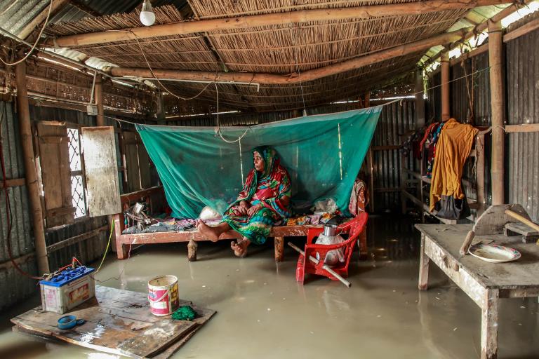 A woman sits on a bed under a mosquito net in a flood-affected home with water covering the floor. Various items, including a chair and table, are partially submerged.