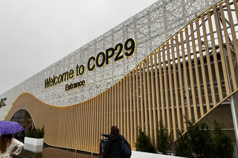 Entrance design for COP29 with a sign that reads "Welcome to COP29 Entrance," featuring wooden slats and a decorative perforated metal surface. People are walking nearby.
