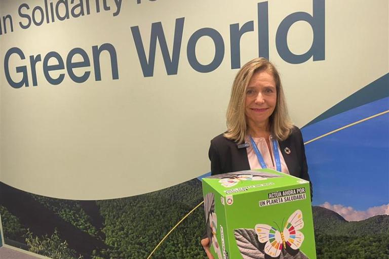 A woman holds a box with a butterfly design in front of a wall with the text "In Solidarity for a Green World.