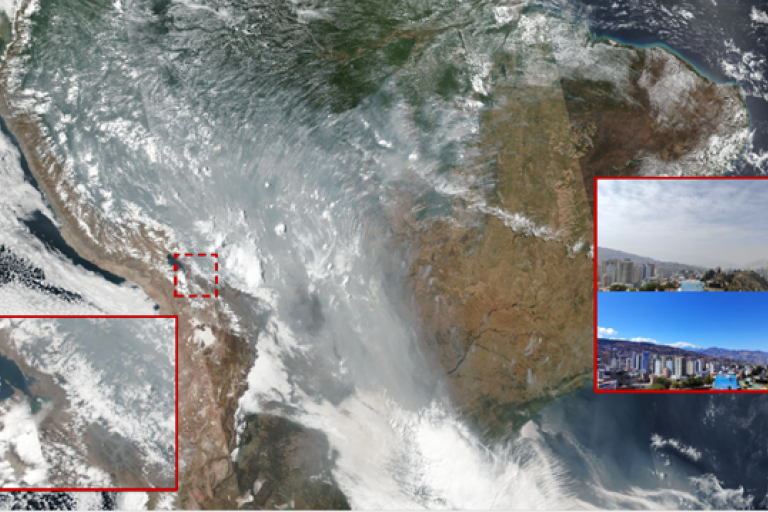 Satellite view of South America with smoke from fires. Insets show cityscapes with clear and hazy skies.