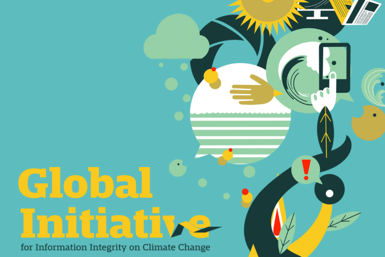 Graphic with the text "Global Initiative for Information Integrity on Climate Change," depicting symbols of nature, technology, and communication.