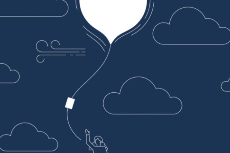 Illustration of a person holding a large balloon, surrounded by clouds and swirling wind lines on a dark background.